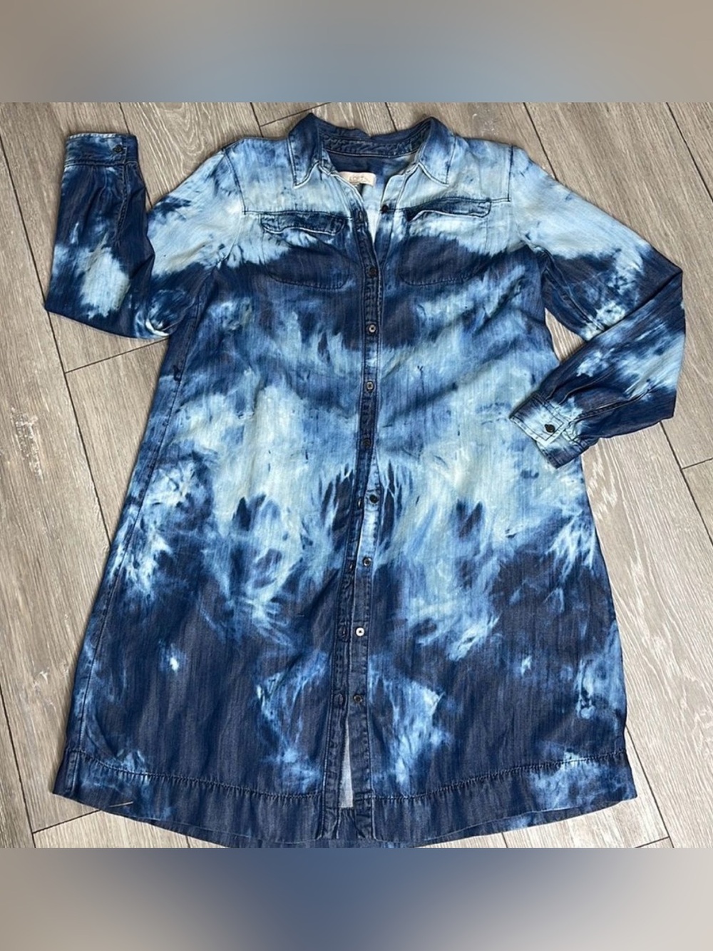 LOFT Bleach Washed Denim Shirt Dress Long sleeves Button down Collar Midi Tunic - Picture 11 of 14